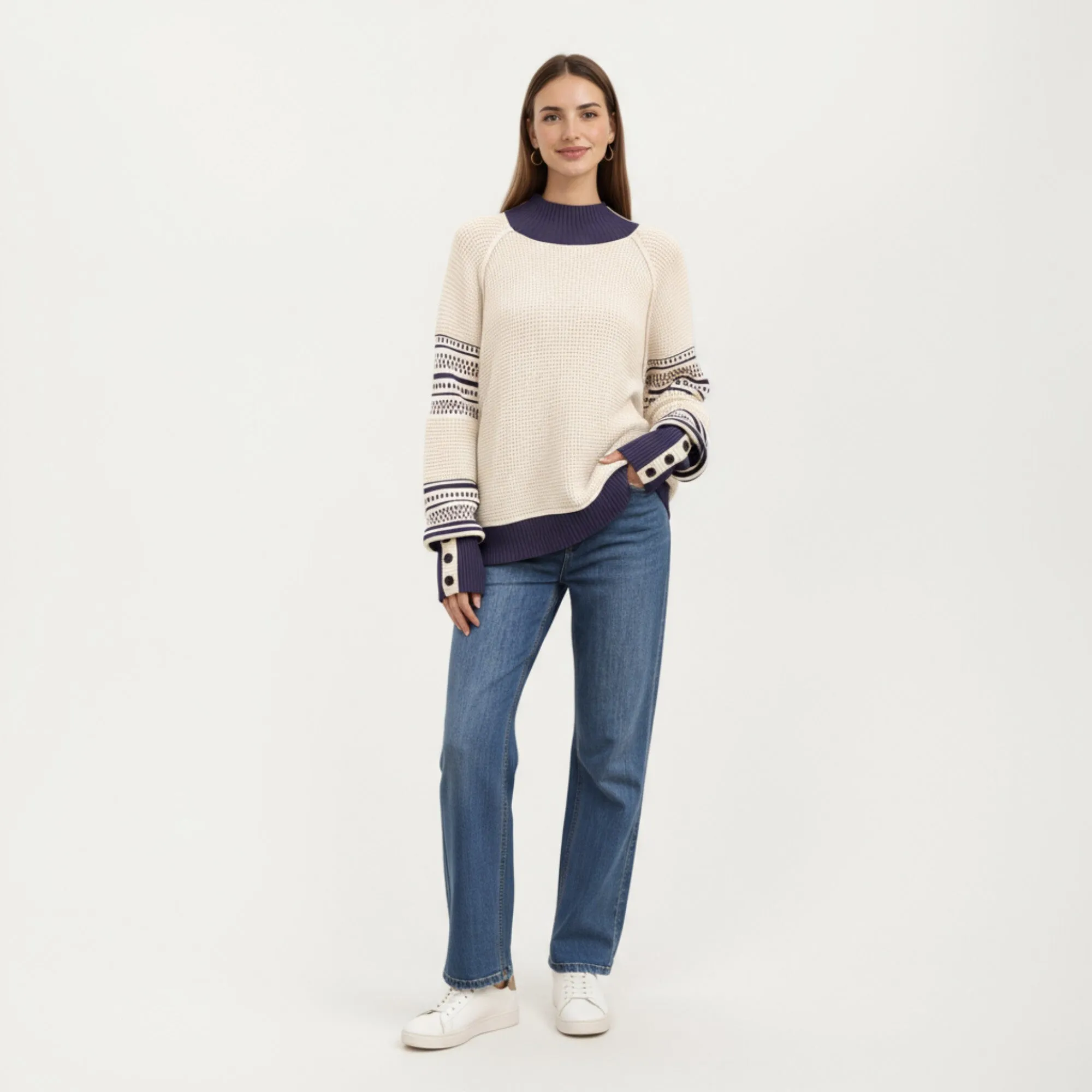 Anna-Kaci Women¡¯s Patterned Knit Pullover Top with Textured Waffle Stitch Body, Contrast Ribbed Mock Neck, and Decorative Sleeve Detailing sold by Anna-Kaci product image thumbnail 3