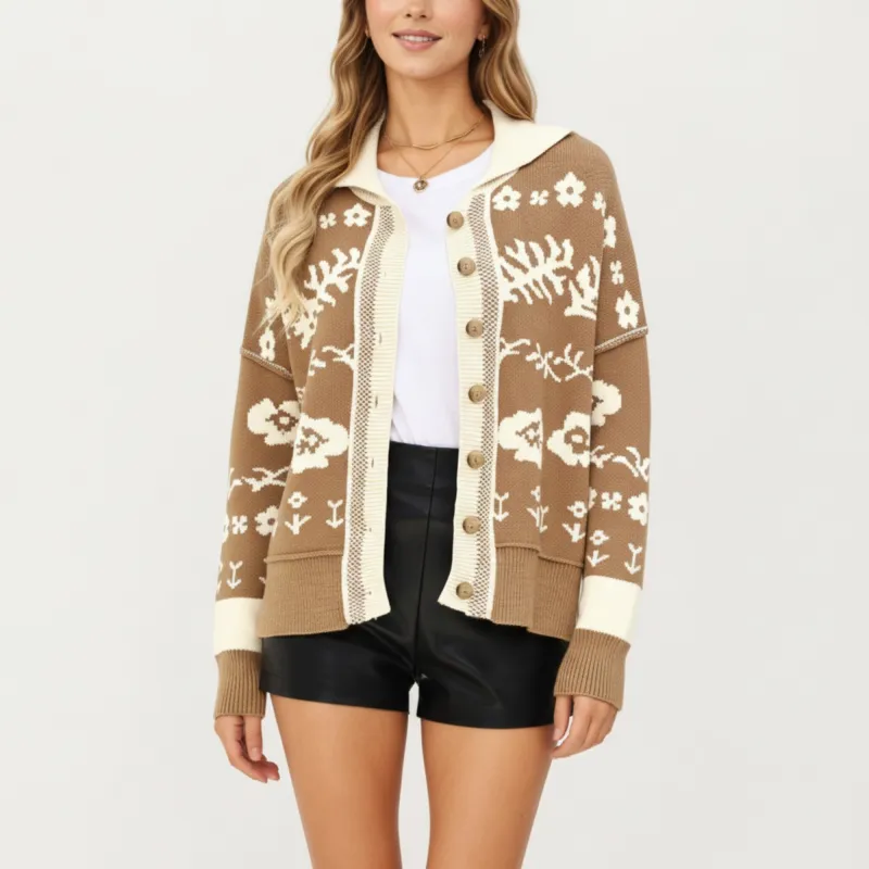 Anna-Kaci Women¡¯s Floral Jacquard Button Front Cardigan Top with Soft Knit Texture, Relaxed Drop Shoulder Fit and Ribbed Trim Detailing sold by Anna-Kaci