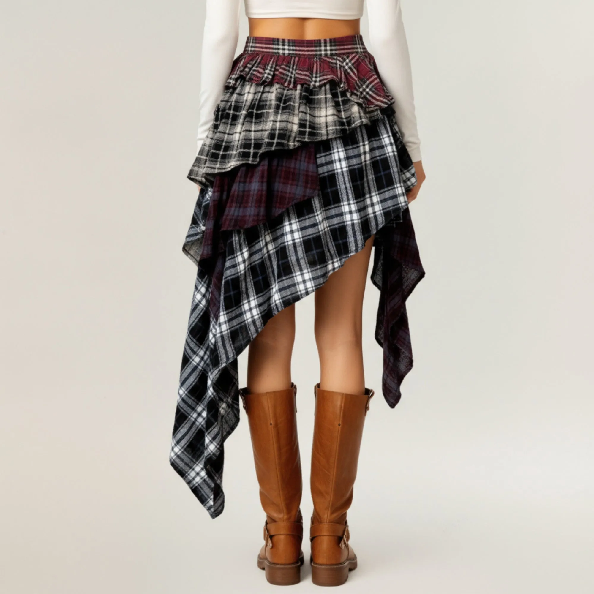 Anna-Kaci Women's Asymmetric Plaid Mini Skirt with Layered Ruffle Details and Draped Handkerchief Hem Design sold by Anna-Kaci product image thumbnail 4