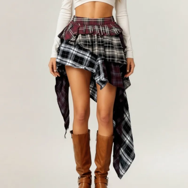 Anna-Kaci Women's Asymmetric Plaid Mini Skirt with Layered Ruffle Details and Draped Handkerchief Hem Design sold by Anna-Kaci