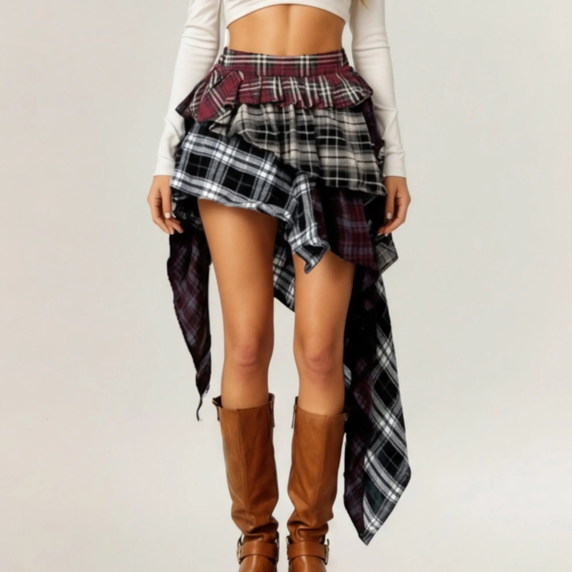 Anna-Kaci Women's Asymmetric Plaid Mini Skirt with Layered Ruffle Details and Draped Handkerchief Hem Design sold by Anna-Kaci