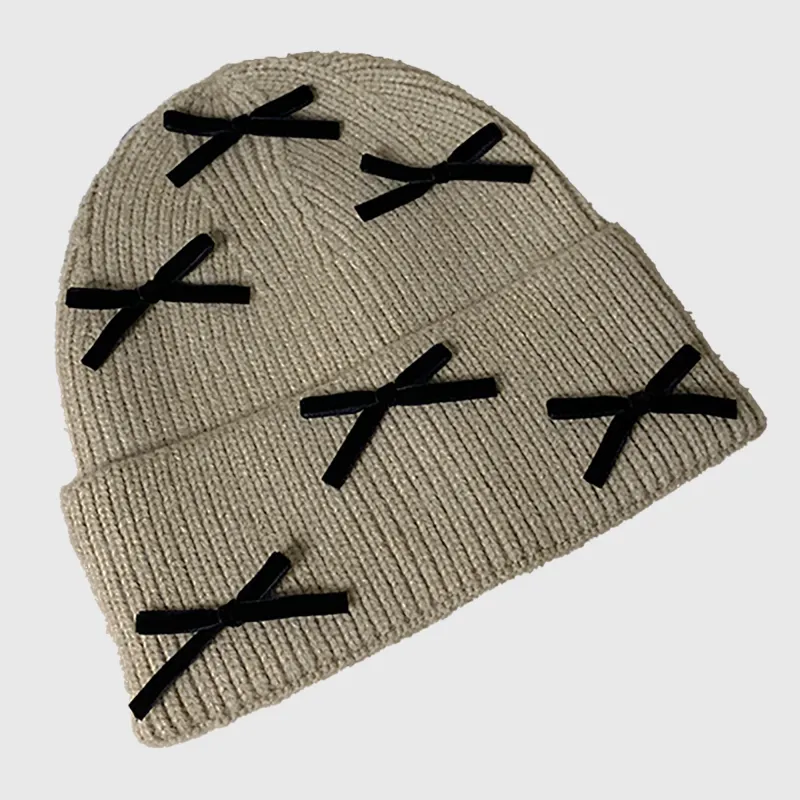 Anna-Kaci Women's Knitted Beanie with Black Bow Accents - Cute & Stylish Winter Hat for Cold Weather sold by Anna-Kaci