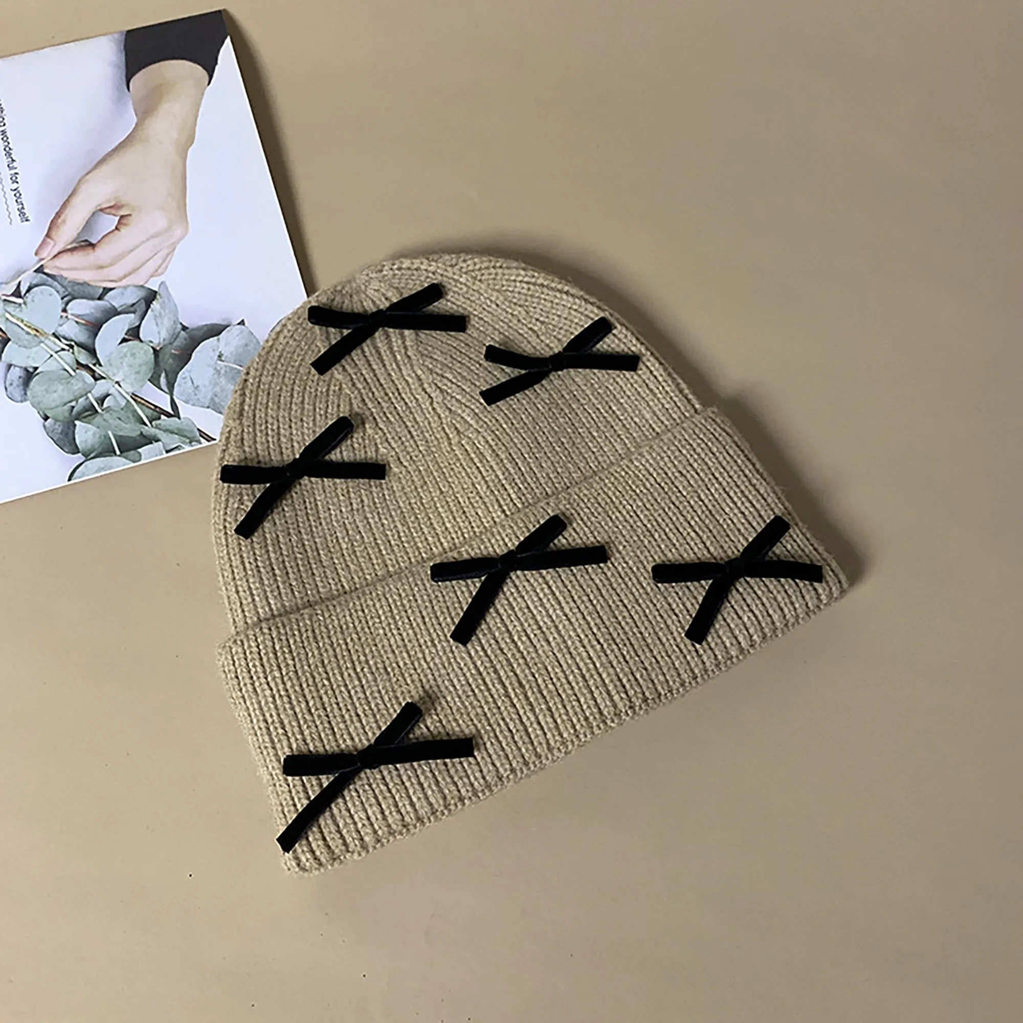 Anna-Kaci Women's Knitted Beanie with Black Bow Accents - Cute & Stylish Winter Hat for Cold Weather sold by Anna-Kaci product image thumbnail 3