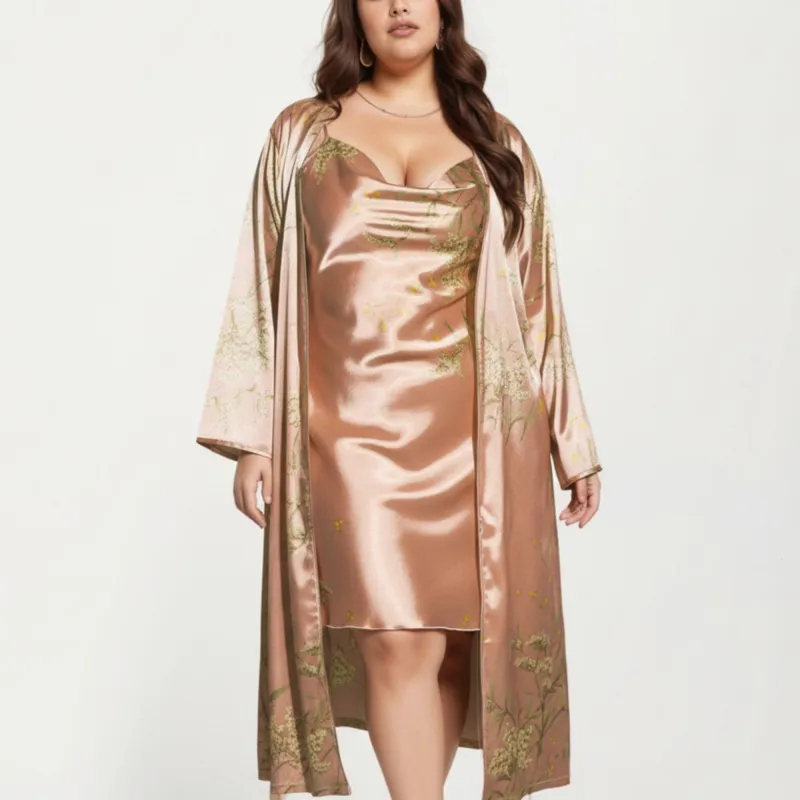Anna-Kaci Lounge Women' s Satin Slip Dress and Long Robe Set with Floral Pattern Draped Neckline and Elegant Flowing Layered Design made by Anna-Kaci