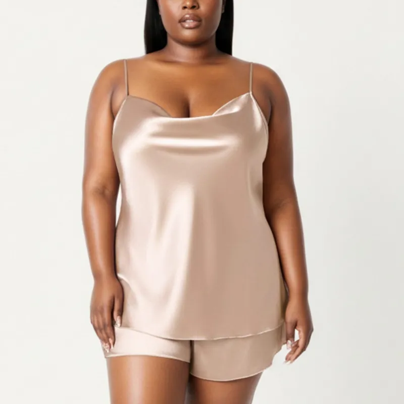 Anna-Kaci Lounge Women' s 2-Piece Satin Cami and Shorts Set with Draped Neckline Silky Fabric and Lightweight Relaxed Fit sold by Anna-Kaci