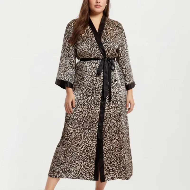 Anna-Kaci Lounge Women' s Leopard Print Satin Robe with Contrast Trim Soft Silky Fabric Waist Tie Closure and Flowing Longline Silhouette sold by Anna-Kaci