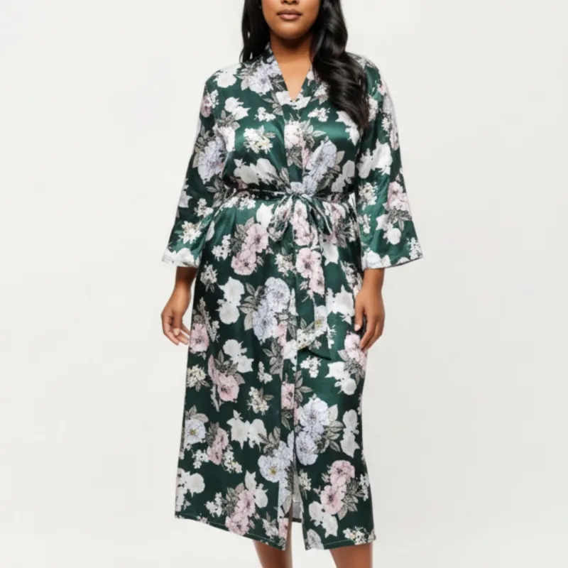 Anna-Kaci Lounge Women' s Floral Print Satin Robe with Waist Tie Soft Silky Fabric Wide Sleeves and Flowing Longline Silhouette sold by Anna-Kaci
