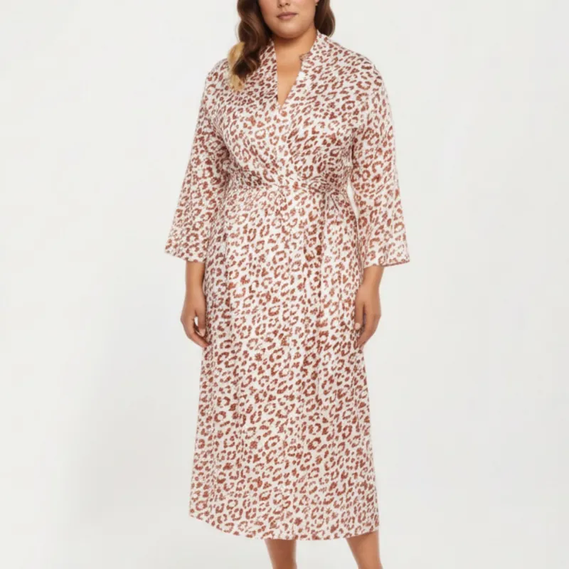 Anna-Kaci Lounge Women' s Satin Leopard Print Robe with Waist Tie Soft Silky Fabric Wide Sleeves and Flowing Longline Silhouette sold by Anna-Kaci