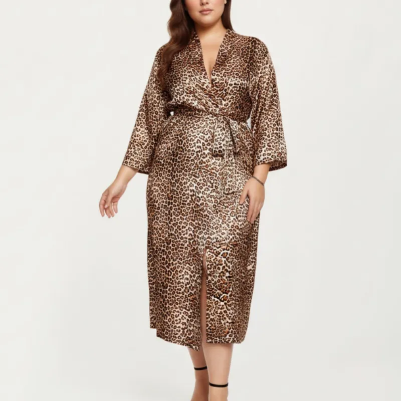 Anna-Kaci Lounge Women' s Leopard Print Satin Robe with Soft Silky Sheen, Adjustable Wrap Tie Waist and Flowing Longline Silhouette sold by Anna-Kaci