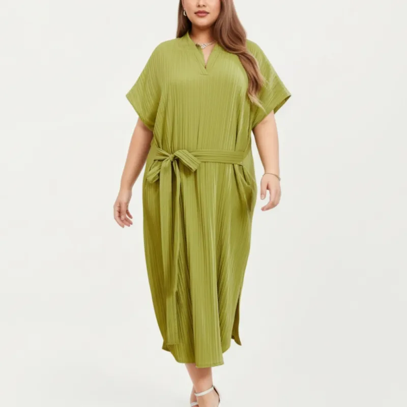 Anna-Kaci Lounge Women' s Pleated Midi Dress with Soft Flowing Texture, Relaxed Drop-Shoulder Sleeves and Adjustable Fabric Tie Waist Belt sold by Anna-Kaci
