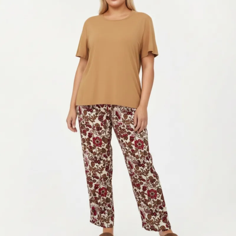 Anna-Kaci Lounge Women' s 2-Piece Set Short Sleeve Knit Top and Printed Wide-Leg Pajama Pants with Soft Stretch Fabric made by Anna-Kaci