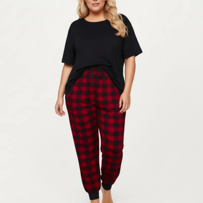 Anna-Kaci Lounge Women' s 2-Piece Set Short Sleeve Knit Top and Plaid Jogger Pajama Pants with Soft Stretch Fabric and Tapered Fit sold by Anna-Kaci