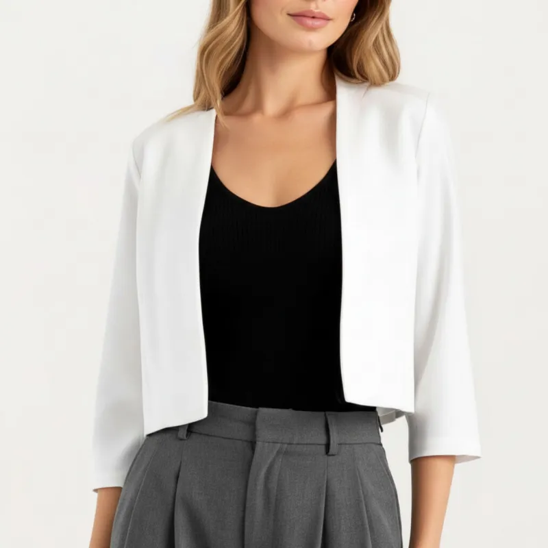 Anna-Kaci Women' s Open Front Cropped Blazer with 3/4 Sleeves Structured Clean Lines and Soft Fabric for a Polished Layered Look sold by Anna-Kaci