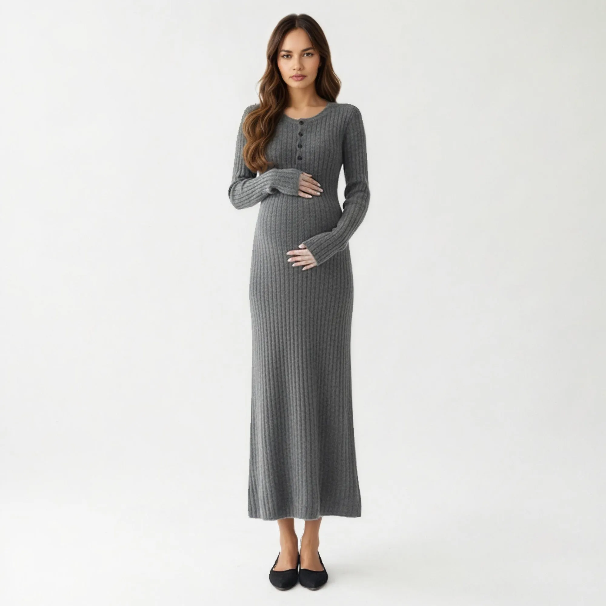 Anna-Kaci Women' s Ribbed Knit Maternity Maxi Dress with Long Sleeves Soft Stretch Fabric and Flattering Button Front Detail sold by Anna-Kaci product image thumbnail 2