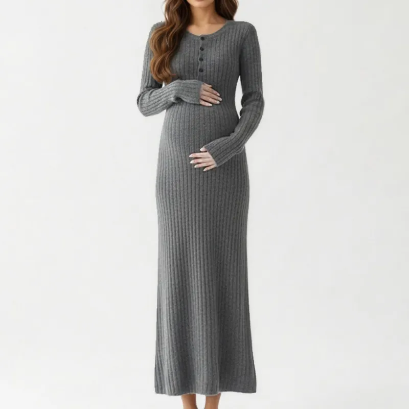 Anna-Kaci Women' s Ribbed Knit Maternity Maxi Dress with Long Sleeves Soft Stretch Fabric and Flattering Button Front Detail sold by Anna-Kaci