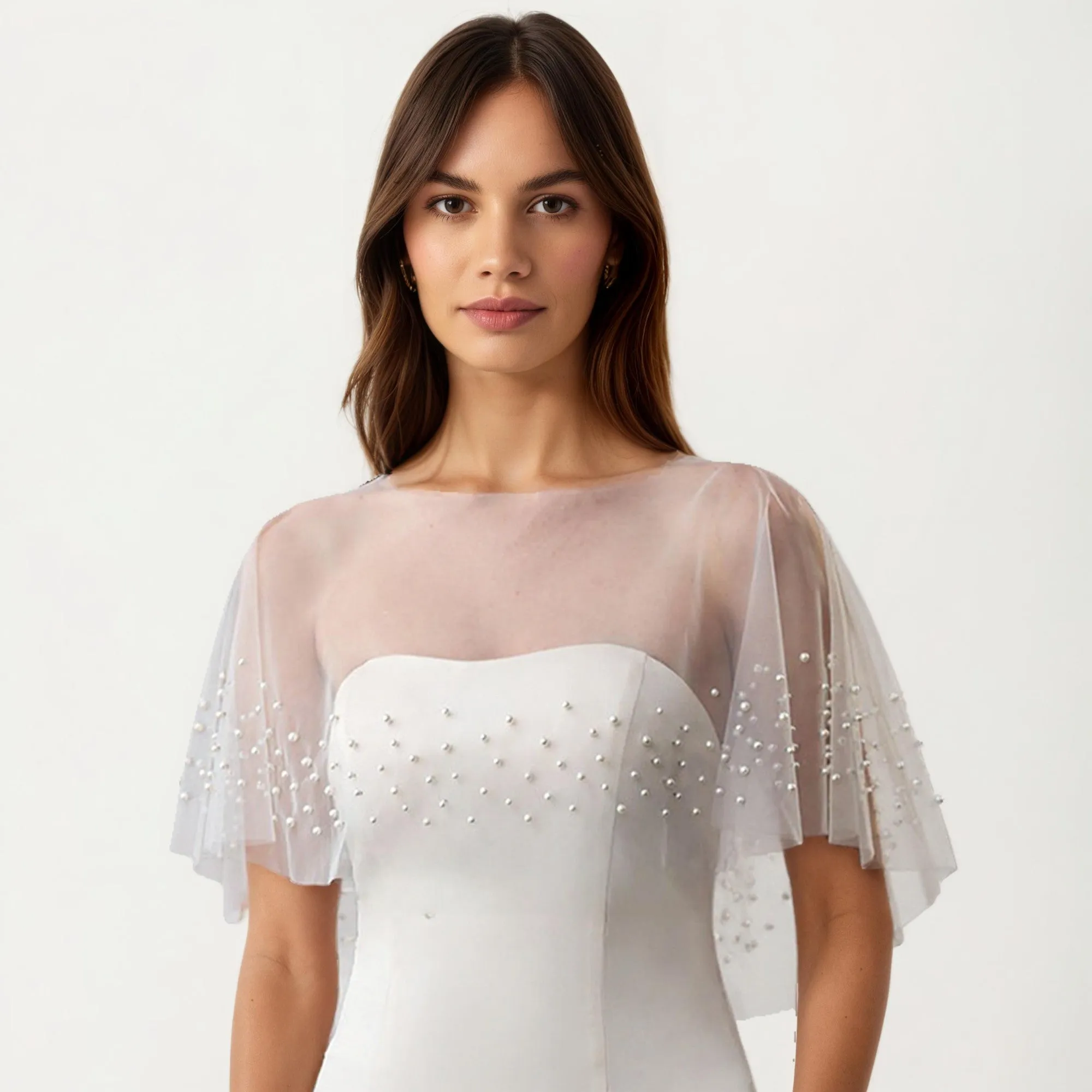 Anna-Kaci Women' s Sheer Pearl Embellished Capelet Shawl with Soft Tulle Fabric and Delicate Scattered Bead Accents sold by Anna-Kaci product image thumbnail 2