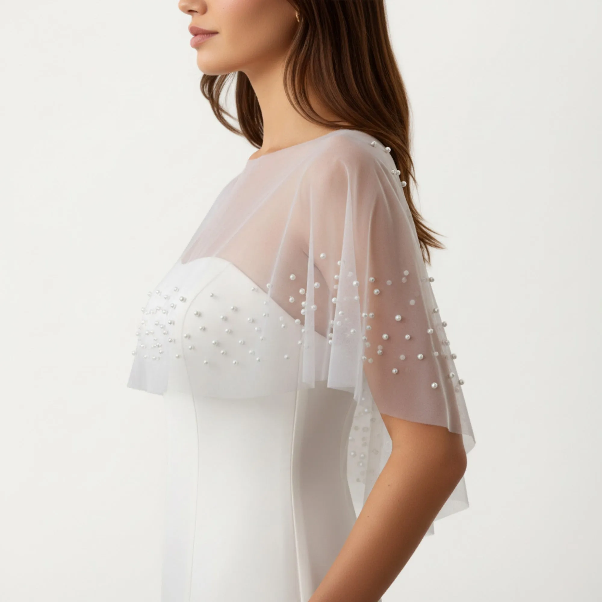 Anna-Kaci Women' s Sheer Pearl Embellished Capelet Shawl with Soft Tulle Fabric and Delicate Scattered Bead Accents sold by Anna-Kaci product image thumbnail 3