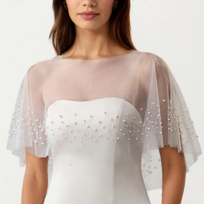 Anna-Kaci Women' s Sheer Pearl Embellished Capelet Shawl with Soft Tulle Fabric and Delicate Scattered Bead Accents sold by Anna-Kaci