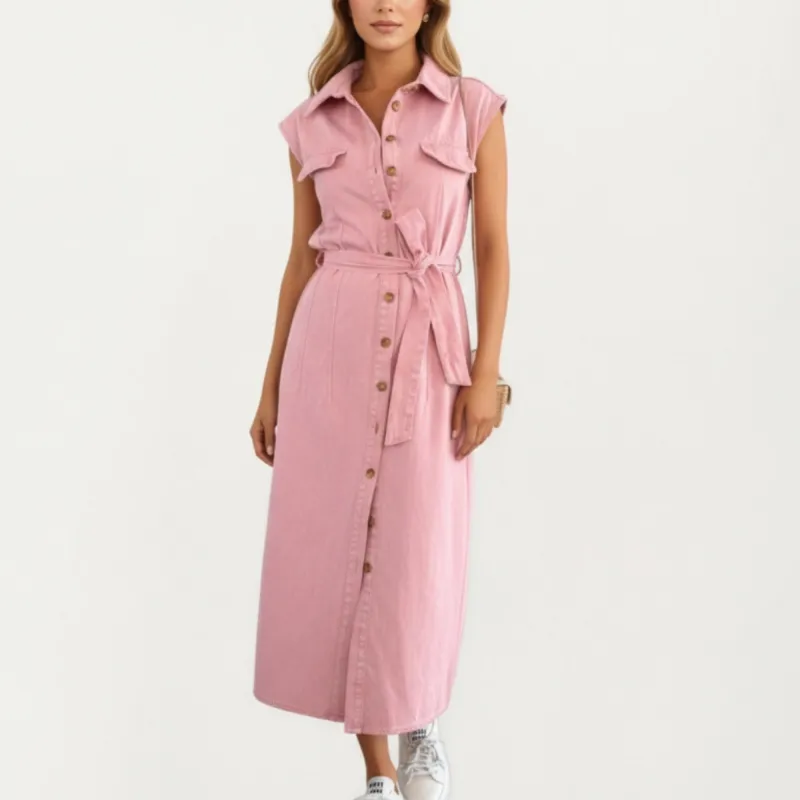 Anna-Kaci Women¡¯s Button Front Denim Maxi Dress with Adjustable Waist Tie Structured Collar Detail and Front Slit Accent sold by Anna-Kaci