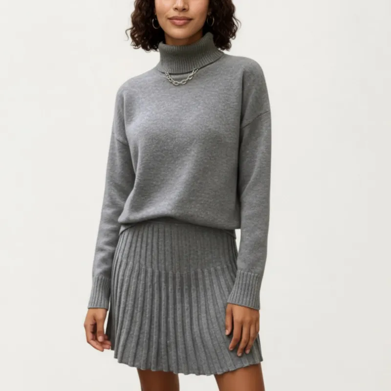 Anna-Kaci Women¡¯s Knit Turtleneck Sweater and Pleated Skirt Set with Ribbed Texture High Neck Top and Stretch Waist Flared Hem Skirt sold by Anna-Kaci