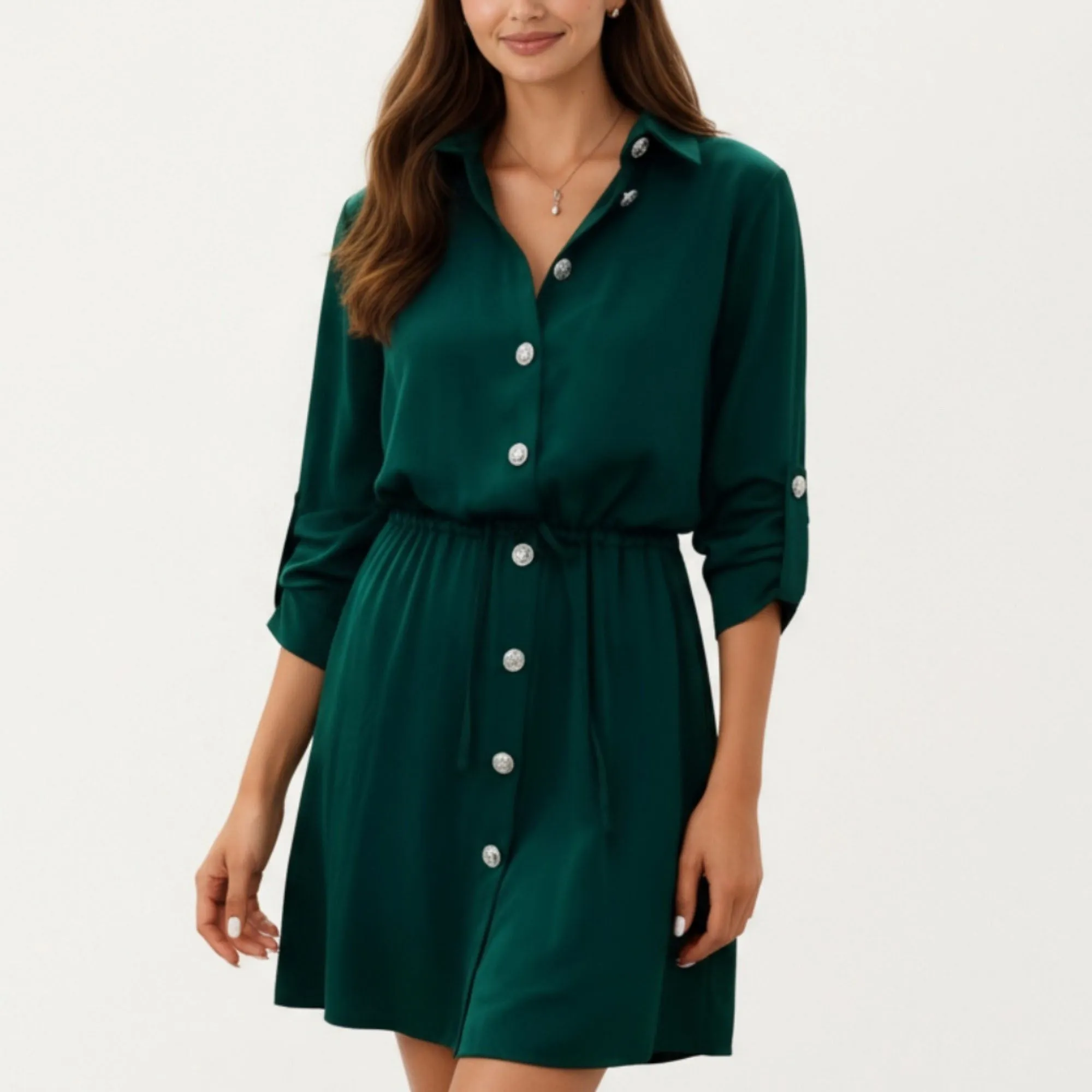 Anna-Kaci Women¡¯s Button Front Shirt Dress with Adjustable Sleeves Soft Drawstring Waist and Relaxed Flowing Silhouette sold by Anna-Kaci