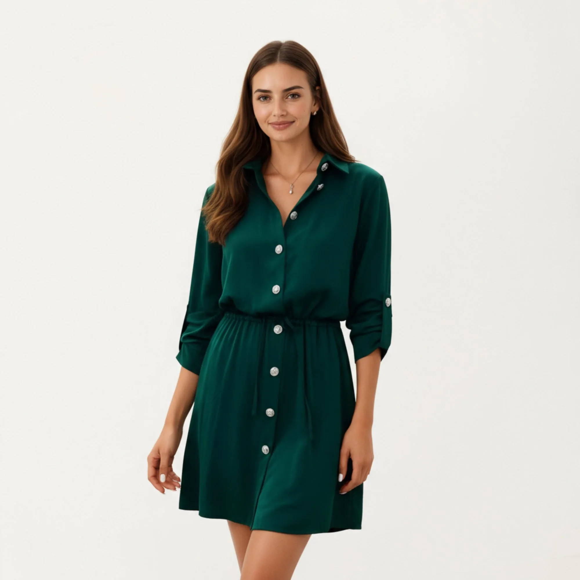 Anna-Kaci Women¡¯s Button Front Shirt Dress with Adjustable Sleeves Soft Drawstring Waist and Relaxed Flowing Silhouette sold by Anna-Kaci product image thumbnail 2