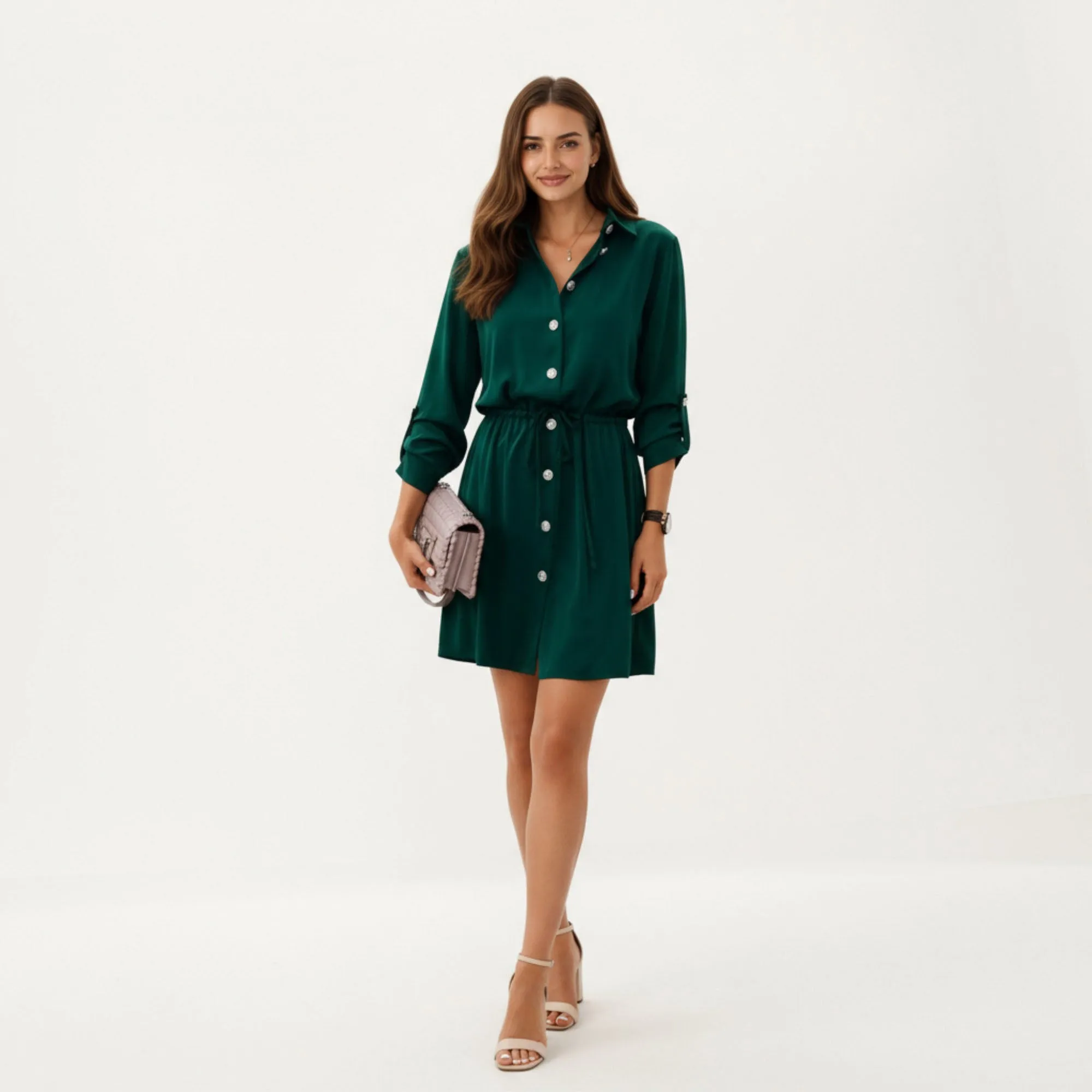 Anna-Kaci Women¡¯s Button Front Shirt Dress with Adjustable Sleeves Soft Drawstring Waist and Relaxed Flowing Silhouette sold by Anna-Kaci product image thumbnail 3