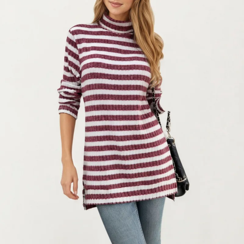 Anna-Kaci Women¡¯s Ribbed Turtleneck Pullover Top with Soft Textured Striped Knit Long Sleeves and Relaxed Tunic-Length Silhouette sold by Anna-Kaci