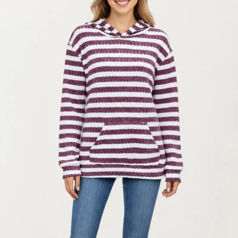 Anna-Kaci Women¡¯s Striped Ribbed Knit Hoodie Top with Soft Textured Fabric Long Sleeves and Kangaroo Pocket Tunic-Length Design made by Anna-Kaci