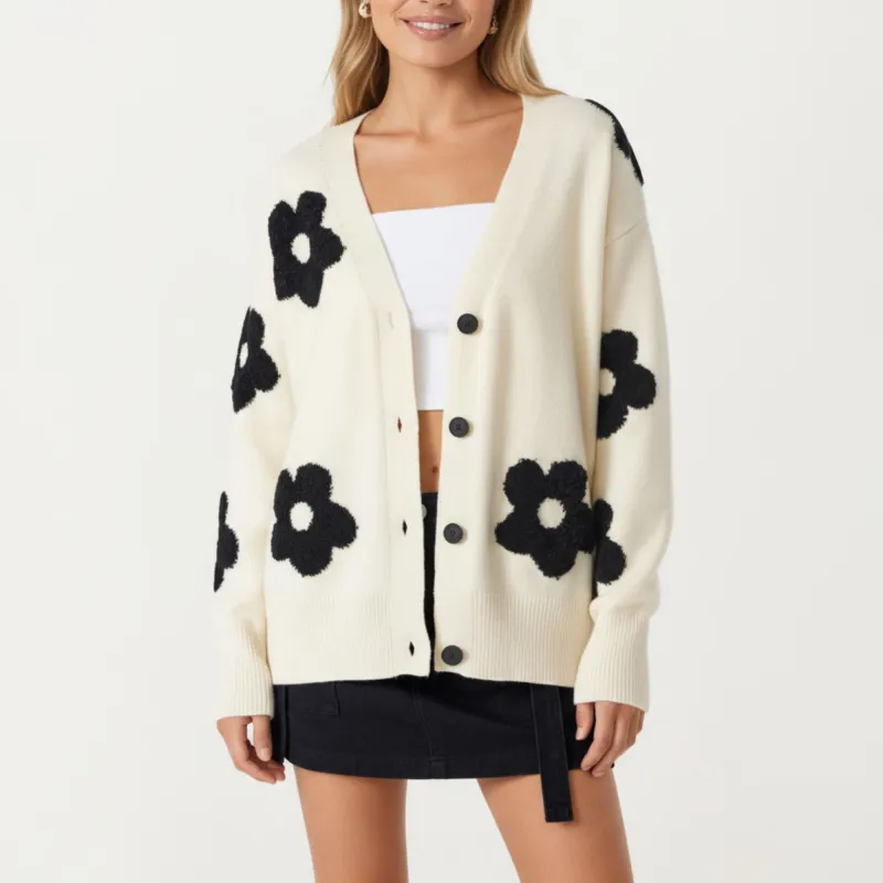 Anna-Kaci Women¡¯s Soft Knit Button Front Cardigan with Oversized Floral Pattern Drop Shoulder Fit and Ribbed Hemline Detailing sold by Anna-Kaci