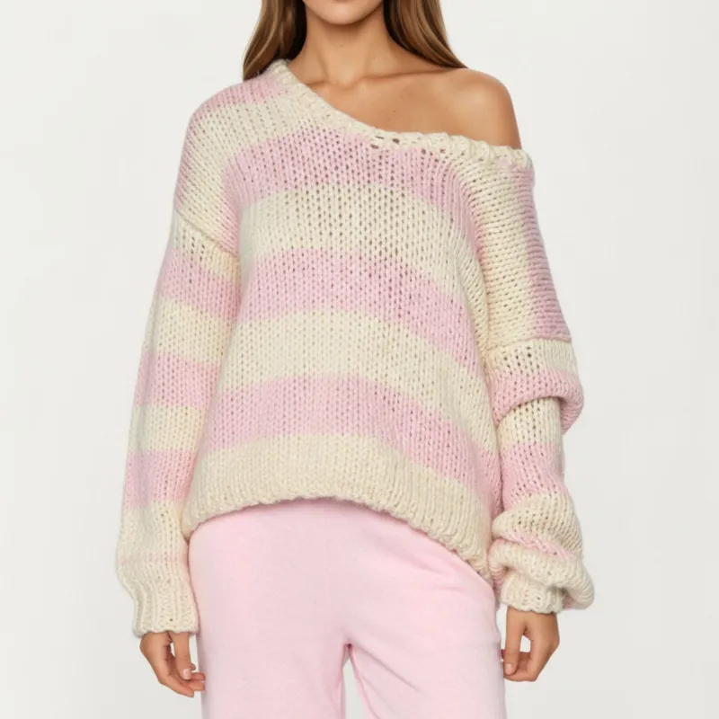 Anna-Kaci Women¡¯s Oversized Striped Knit Sweater with Soft Chunky Texture Slouchy Off-Shoulder Fit and Drop-Sleeve Silhouette sold by Anna-Kaci