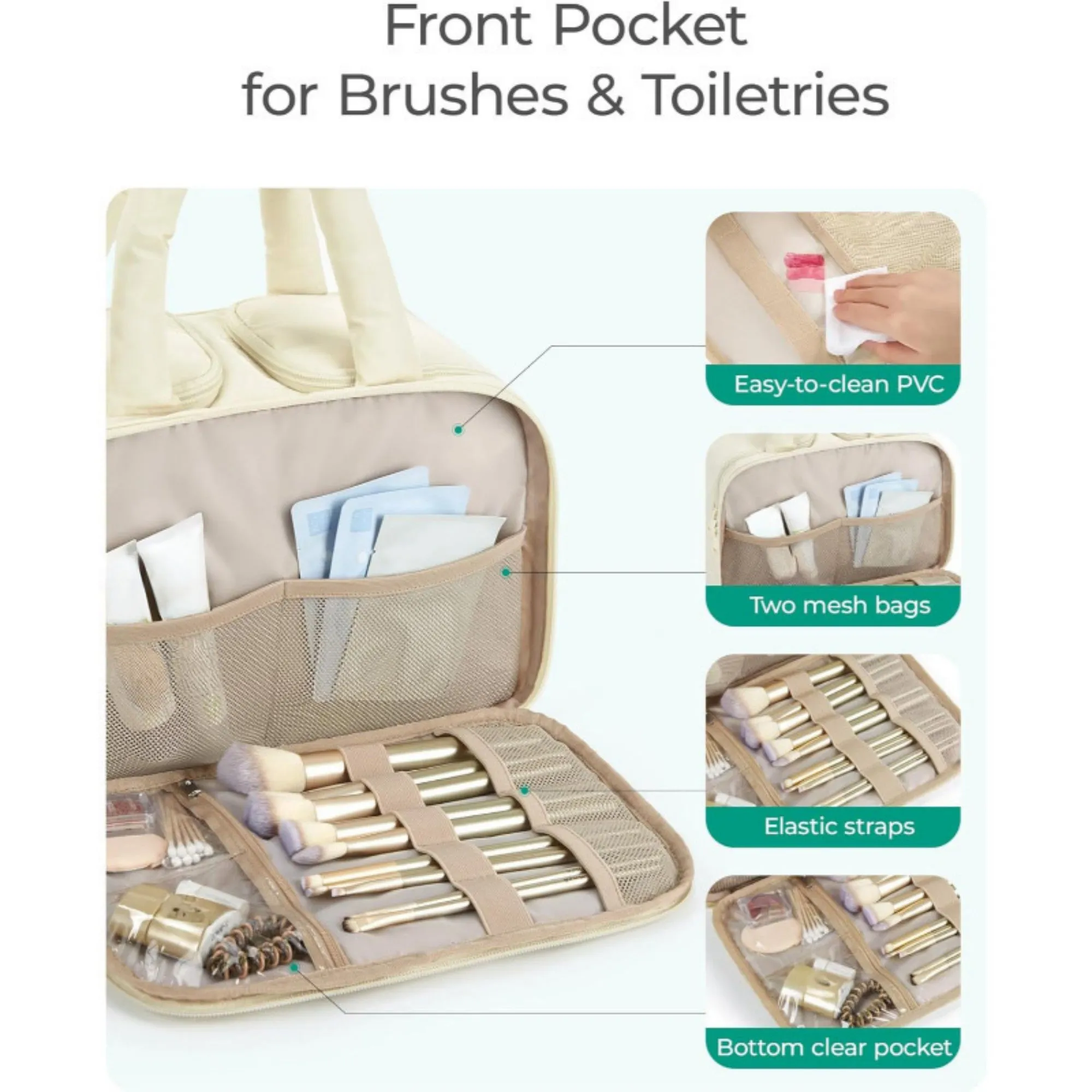 Anna-Kaci Makeup Brush and Toiletry Organizer Bag with Easy-Clean PVC Front Pocket and Elastic Holders sold by Anna-Kaci product image thumbnail 3