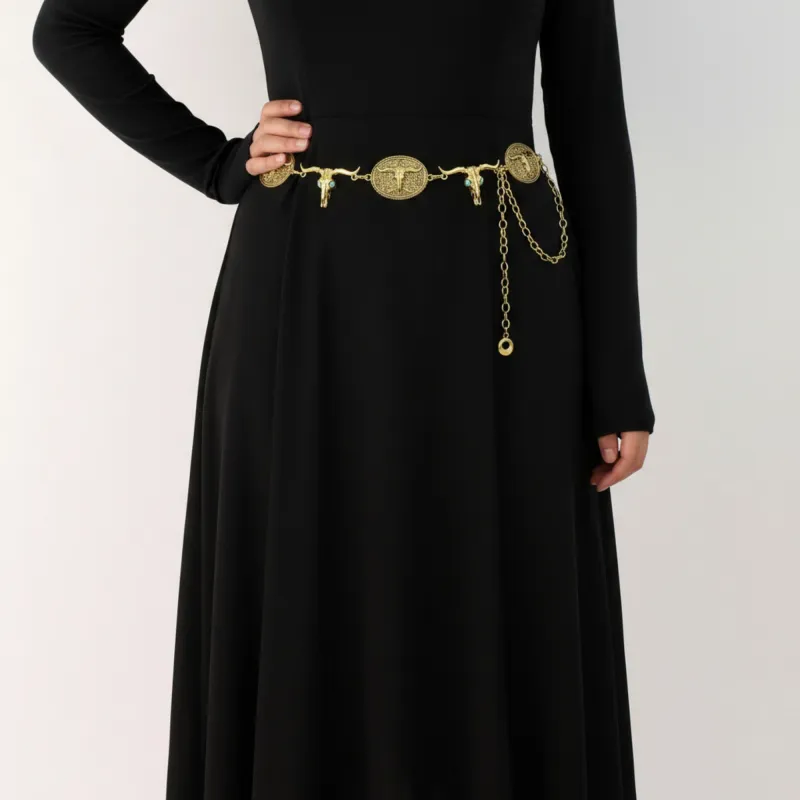 Anna-Kaci Women's Western Bull Head Concho Chain Belt with Oval Accents and Adjustable Fit 45.5in made by Anna-Kaci