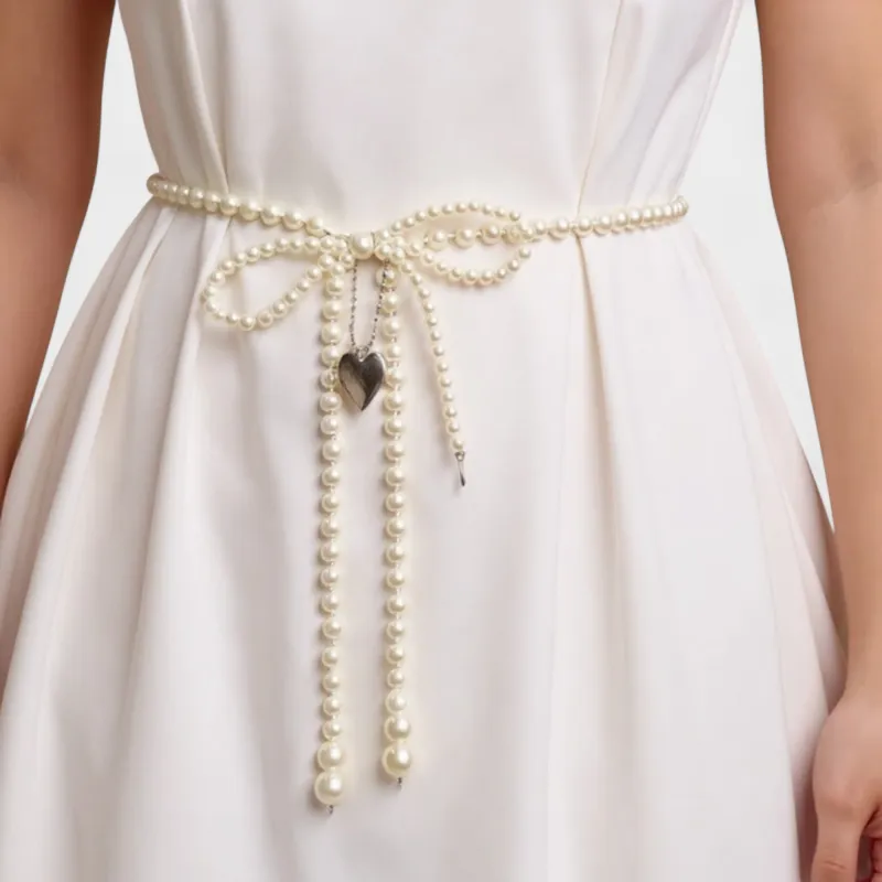 Anna-Kaci Women's Beaded Pearl Waist Belt with Heart Charm and Bow Tie Accent 59 in sold by Anna-Kaci