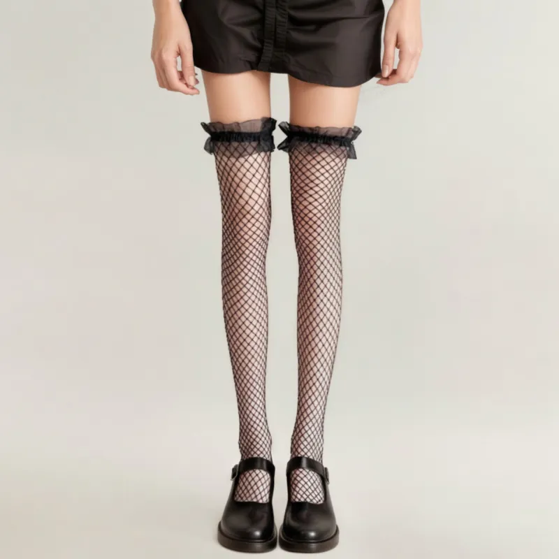 Anna-Kaci Women's Fishnet Thigh High Stockings with Ruffled Lace Top Detail and Soft Stretch Fit for Delicate Feminine Layered Styling sold by Anna-Kaci