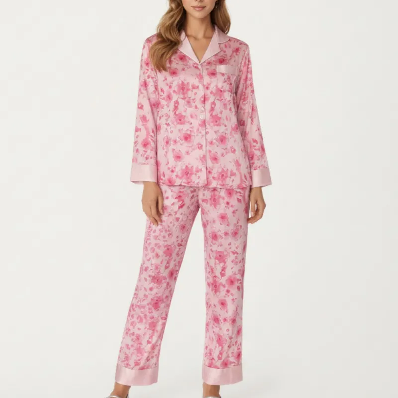 Anna-Kaci Lounge Women's 2-Piece Set Floral Satin Button Front Pajama Top with Contrast Cuffs and Matching Relaxed Fit Lounge Pants sold by Anna-Kaci