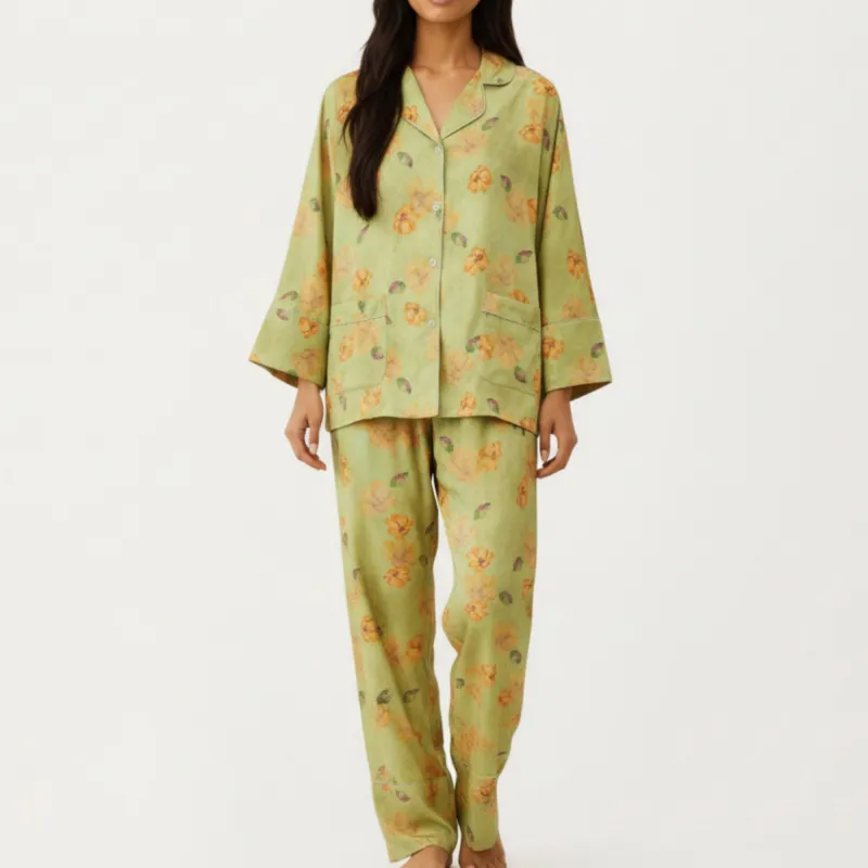 Anna-Kaci Lounge Women's 2-Piece Set Floral Print Button Front Pajama Top with Wide Cuff Sleeves and Matching Relaxed Fit Pants sold by Anna-Kaci