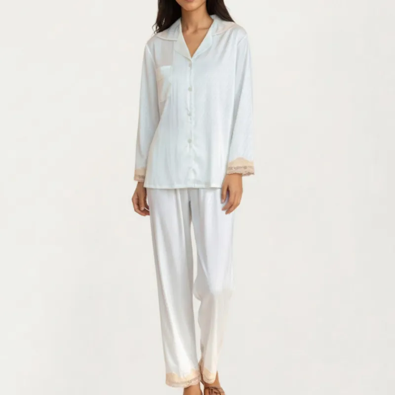 Anna-Kaci Lounge Women's 2-Piece Set Satin Button Front Pajama Top with Lace Trim Sleeves and Matching Elastic Waist Pants sold by Anna-Kaci