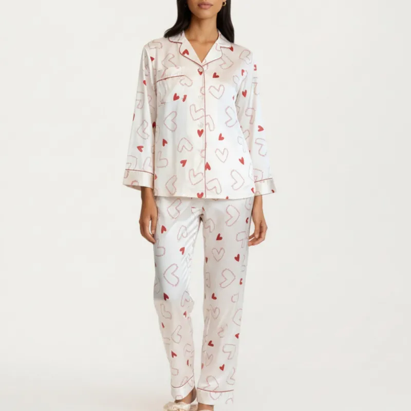 Anna-Kaci Lounge Women's 2-Piece Set Heart Print Satin Button Front Pajama Top with Contrast Piping and Matching Relaxed Fit Pants sold by Anna-Kaci