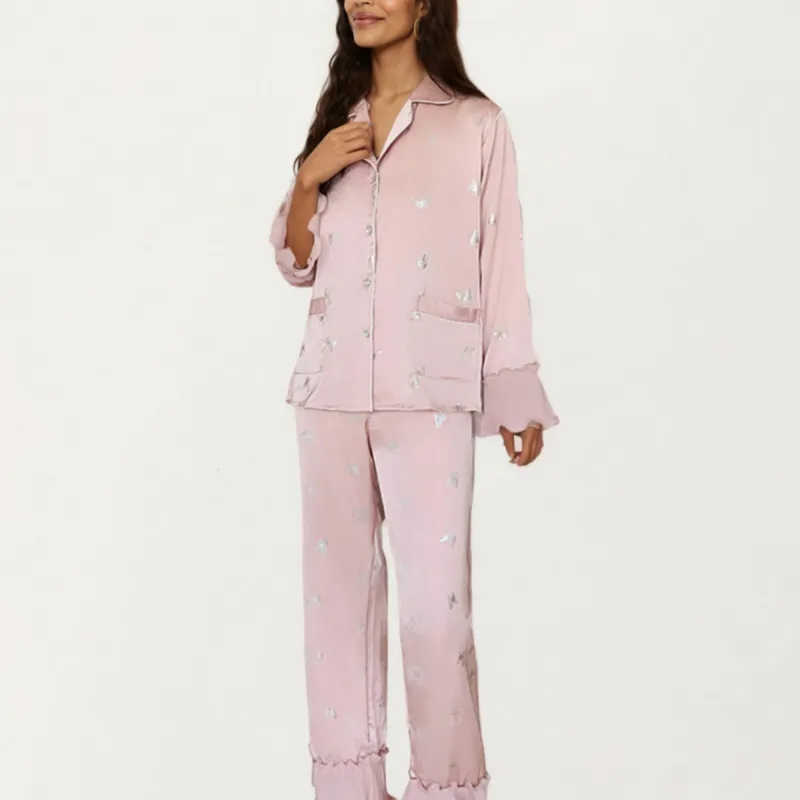 Anna-Kaci Lounge Women's 2-Piece Set Satin Pajama Top with Piping Detail and Ruffled Cuffs Paired with Matching Pants sold by Anna-Kaci