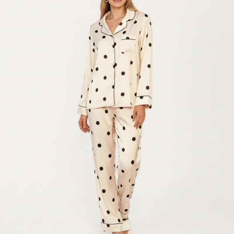 Anna-Kaci Lounge Women's 2-Piece Set Satin Polka Dot Pajama Top with Contrast Piping and Matching Straight-Leg Pants sold by Anna-Kaci