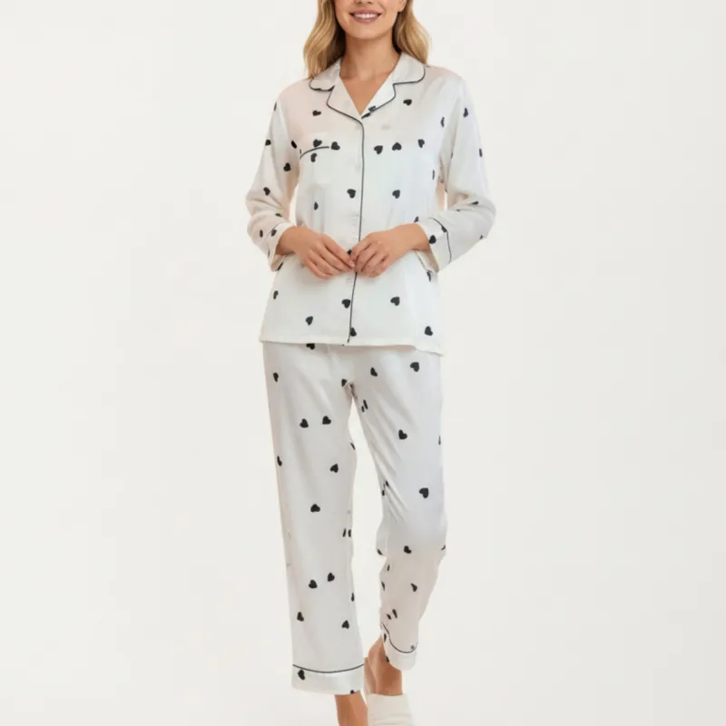 Anna-Kaci Lounge Women's 2-Piece Set Satin Heart Print Pajama Top with Contrast Piping Matched with Relaxed Straight-Leg Pants sold by Anna-Kaci