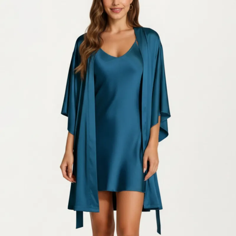 Anna-Kaci Lounge Women's 2-Piece Set Satin Slip Dress and Open Front Robe with Flowing Draped Sleeves and Lightweight Fabric sold by Anna-Kaci