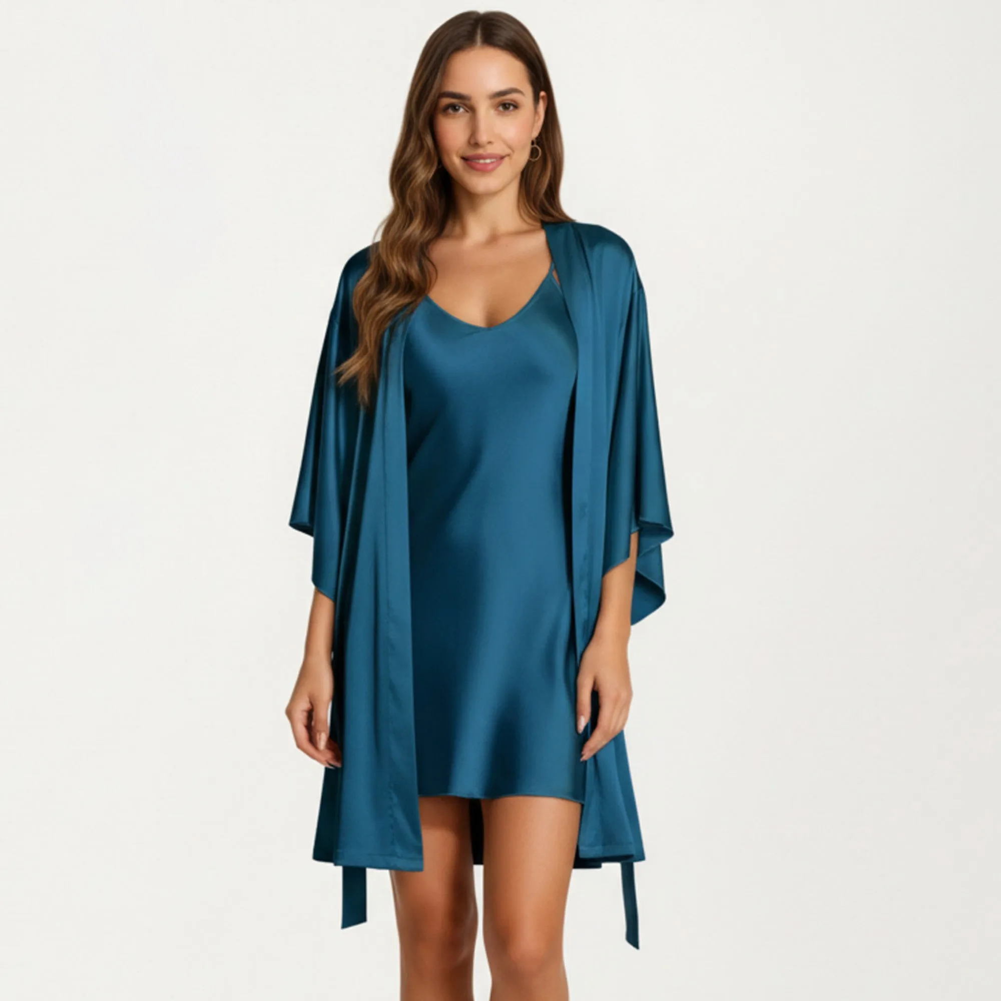 Anna-Kaci Lounge Women's 2-Piece Set Satin Slip Dress and Open Front Robe with Flowing Draped Sleeves and Lightweight Fabric sold by Anna-Kaci product image thumbnail 2