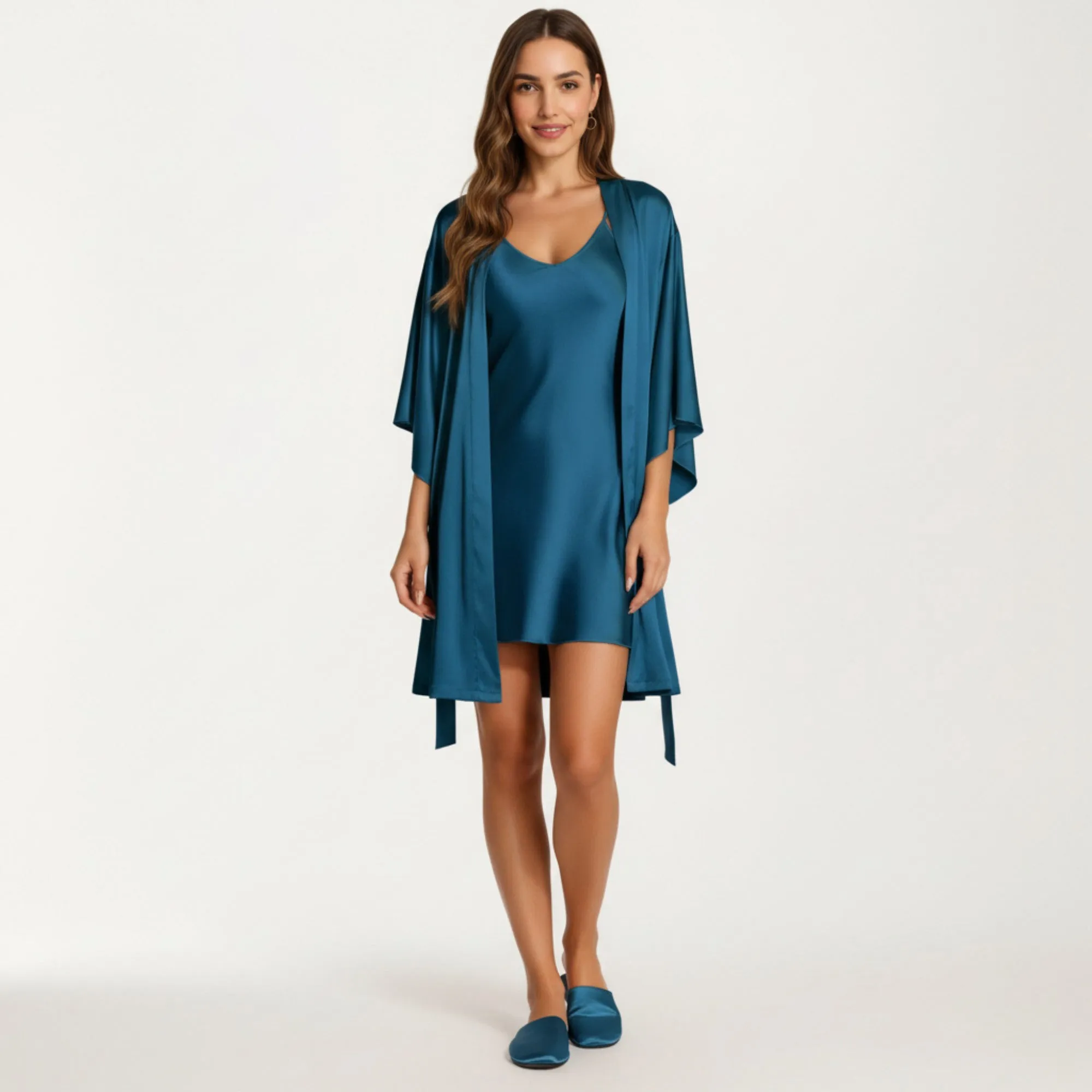 Anna-Kaci Lounge Women's 2-Piece Set Satin Slip Dress and Open Front Robe with Flowing Draped Sleeves and Lightweight Fabric sold by Anna-Kaci product image thumbnail 3