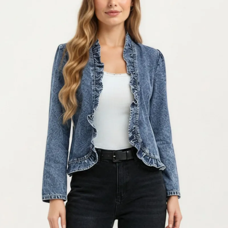 Anna-Kaci Women's Denim Jacket with Soft Ruffle Trim Open Front Design and Textured Washed Finish for Stylish Layered Outfits sold by Anna-Kaci