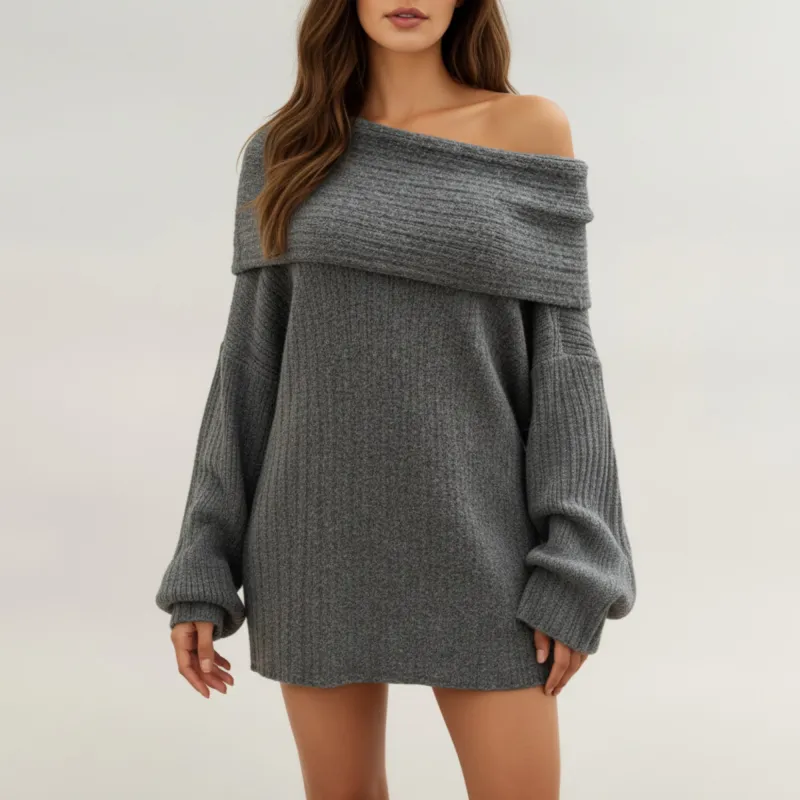 Anna-Kaci Women's Off-Shoulder Ribbed Knit Sweater Top with Foldover Neckline and Soft Relaxed Fit for a Chic Textured Look sold by Anna-Kaci