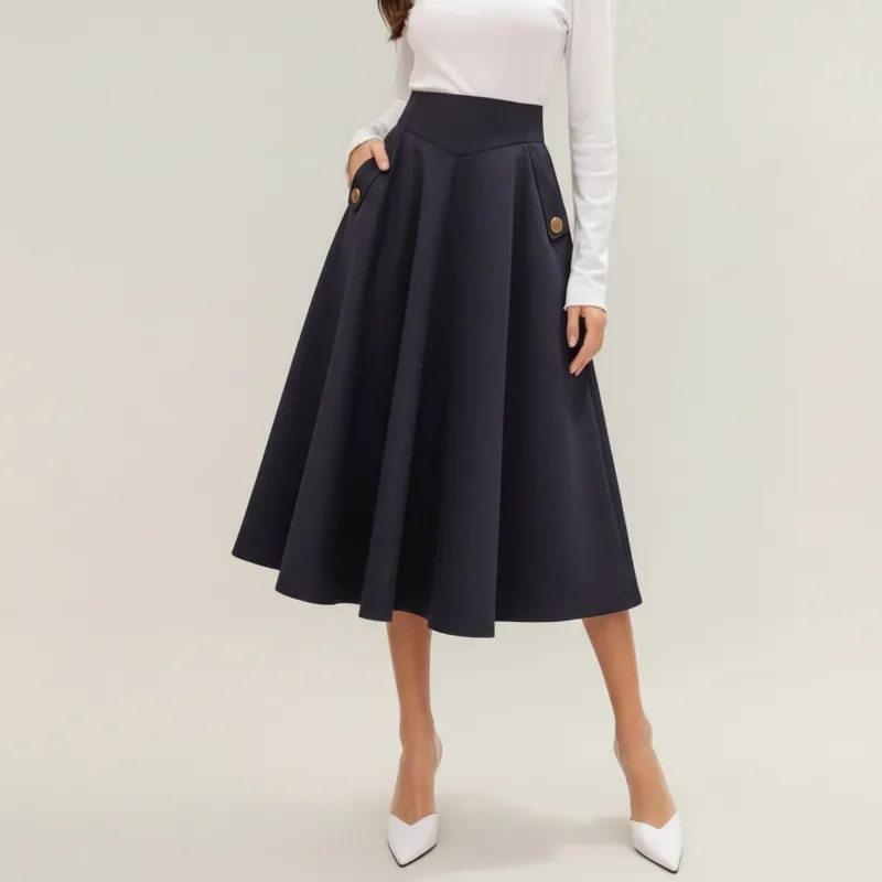 Anna-Kaci Women's Midi A-Line Skirt with Structured High Waist, Soft Flowing Panels, and Button-Tab Pocket Accents for Shape sold by Anna-Kaci