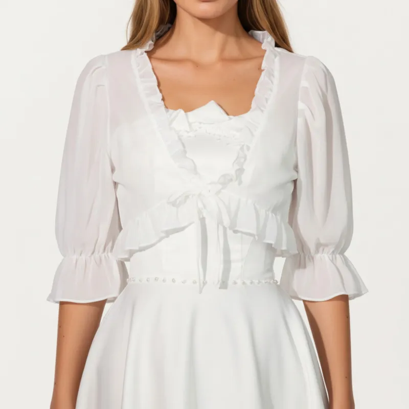 Anna-Kaci Women's Sheer Ruffle Trim Bolero Top with Puff Sleeves Soft Layered Front Tie Detail and Elegant Overlay 8.5x13in made by Anna-Kaci