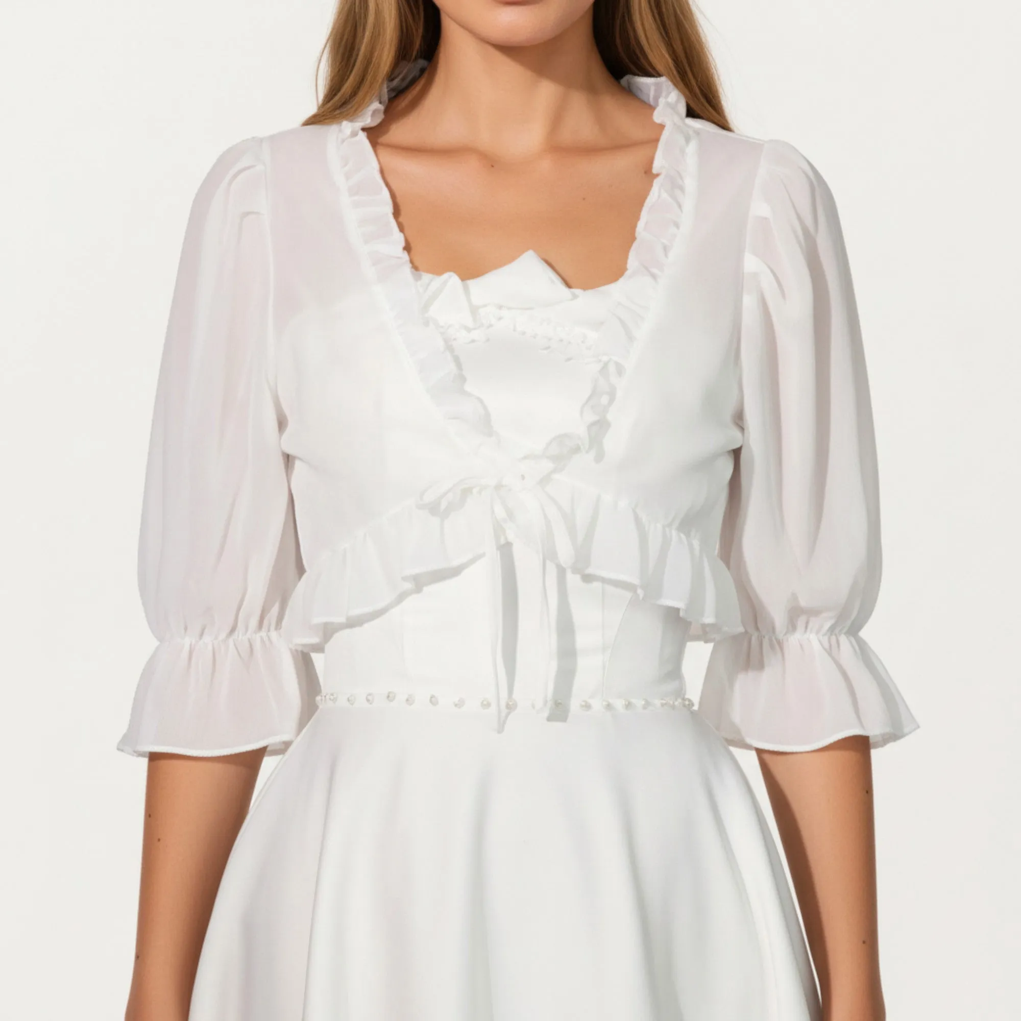 Anna-Kaci Women's Sheer Ruffle Trim Bolero Top with Puff Sleeves Soft Layered Front Tie Detail and Elegant Overlay 8.5x13in sold by Anna-Kaci